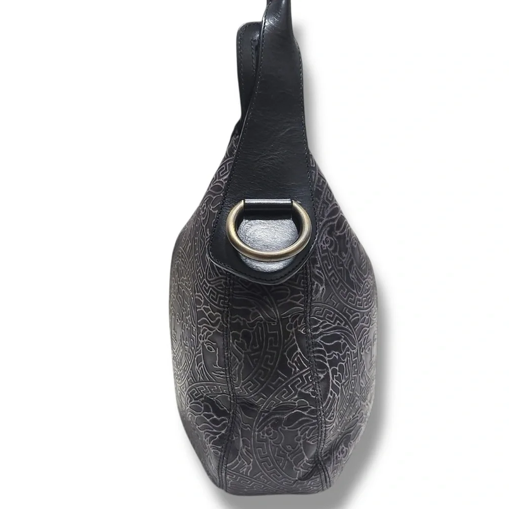 Vintage Versace Black Embossed Medusa Black Leather Women's Hobo Shoulder Bag